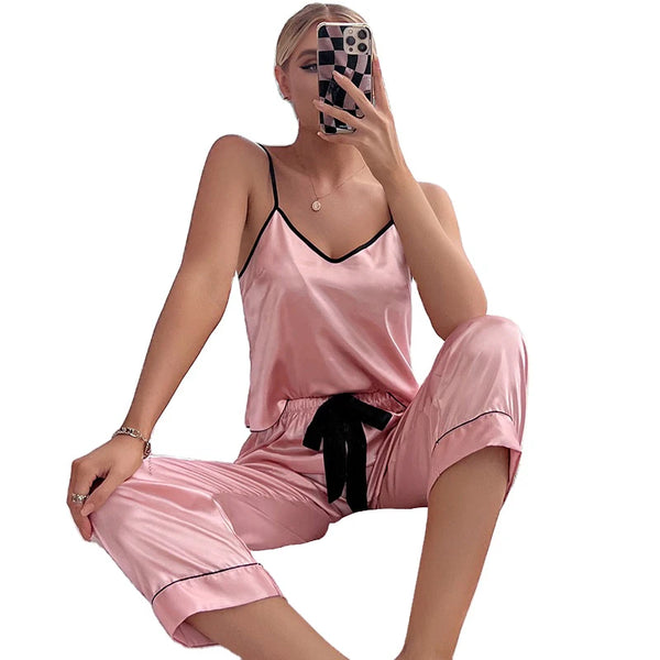 Women's Ice Silk Satin Pajamas Cami Top and Trousers Sleepwear for Women