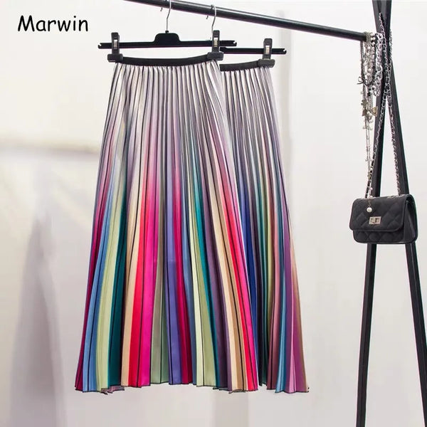 Marwin Rainbow Striped A-Line Mid-Calf Pleated Skirt for Women