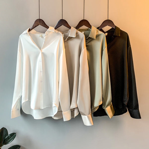 Collared Long Sleeved V Neck Satin Shirt