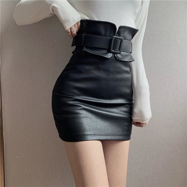 QoerliN Sashes Leather Skirts Women High Waist Slim Sexy Short Skirts Bodycon Mini Skirt PU Black Skirt With Shorts 2024 New