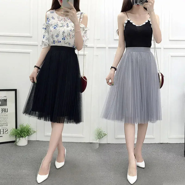 Mesh Pleated Skirt A- Line High-Waisted Tulle Skirt for Women