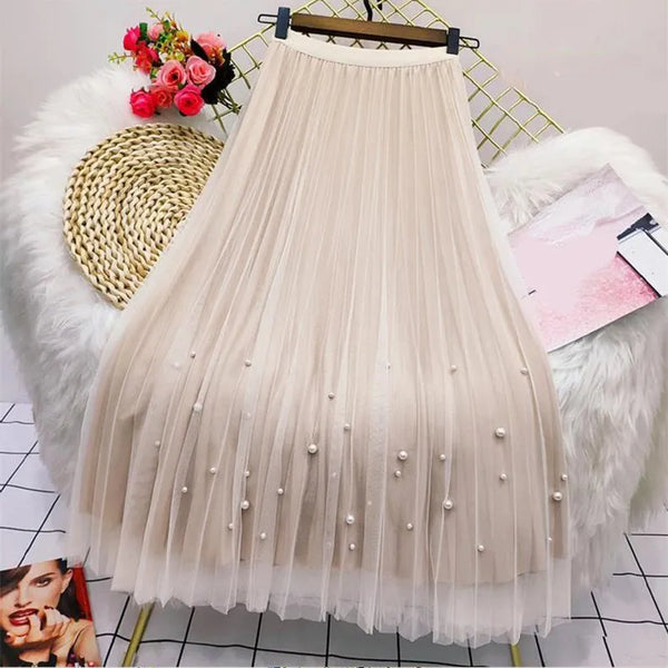 Rimocy Long Pearl Mesh Skirt for Women