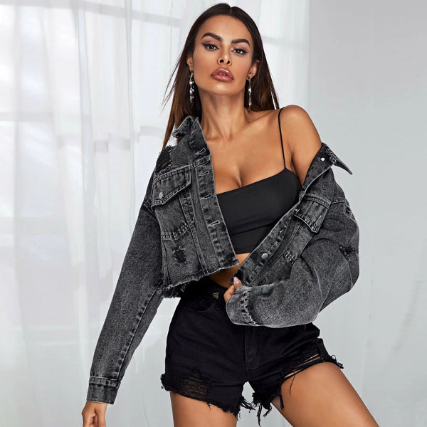 Cropped Distressed Denim Jacket for Women