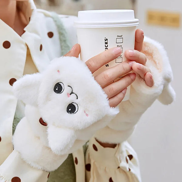 Women Winter Fur Rabbit Fingerless Gloves