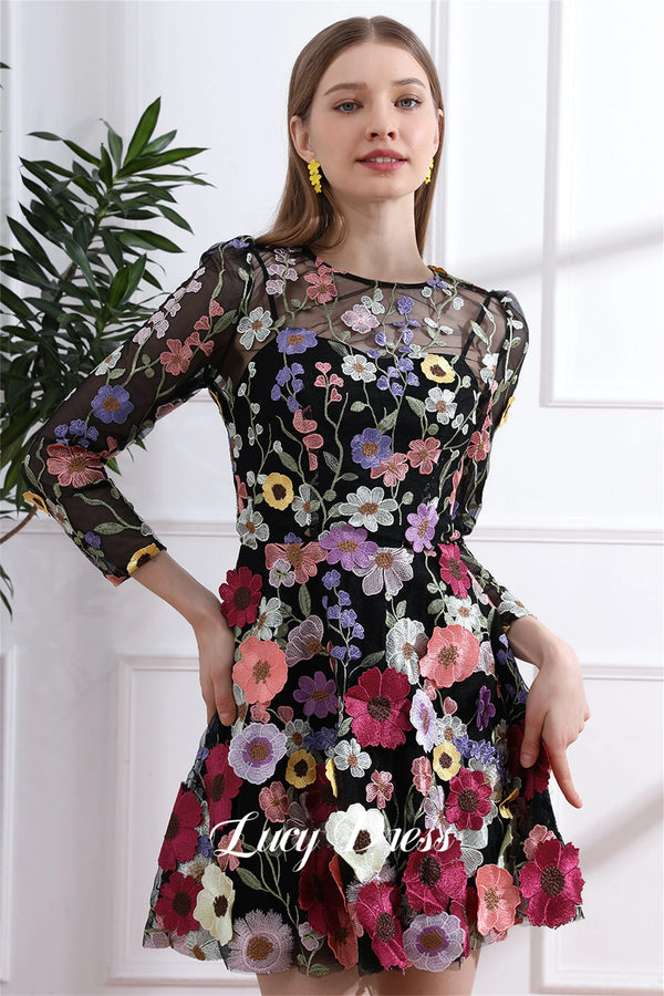 Lucy Cocktail Dress Mini Skirt 3D Flowers Long Sleeves Party Prom Dress