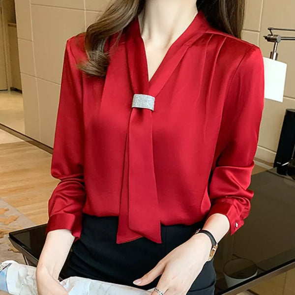 Elegant Red Long Sleeved Bow Collar Blouse for Women