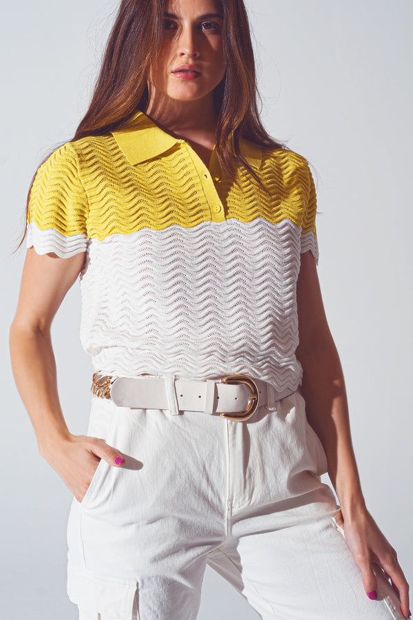 Knitted Colour Block Cropped Polo in White and Yellow