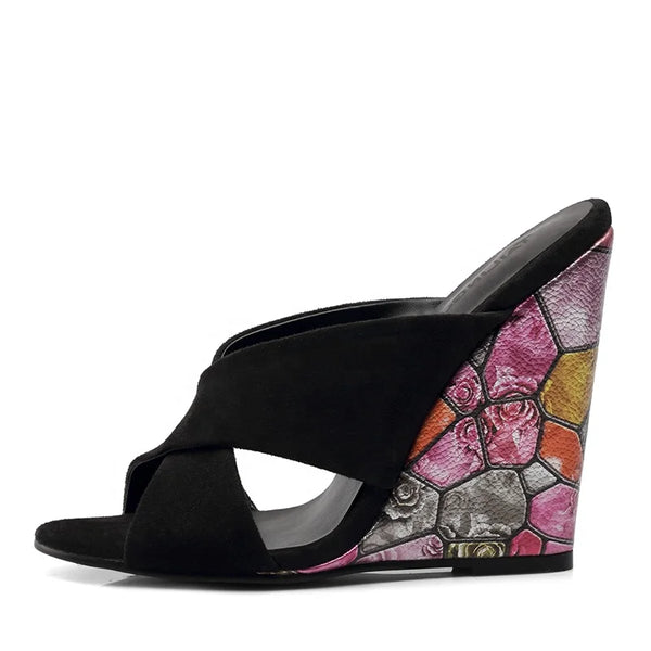 Solid Black Multicolor Wedge Heels