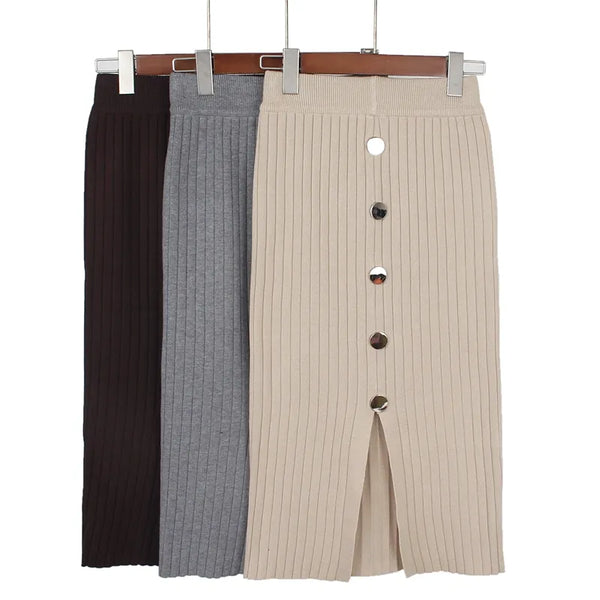 GIGOGOU Knitted Ribbed Straight Women's Skirt With Buttons