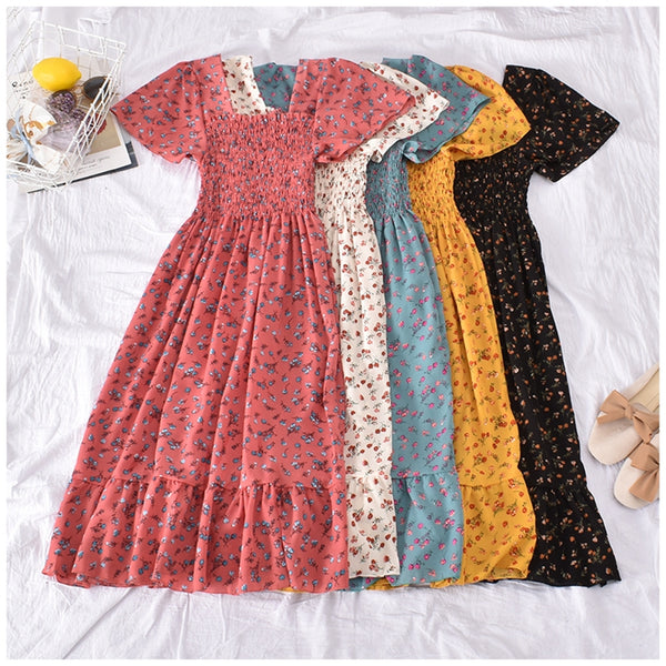 Women's Long Printed Puff Sleeves Flared Long Dress