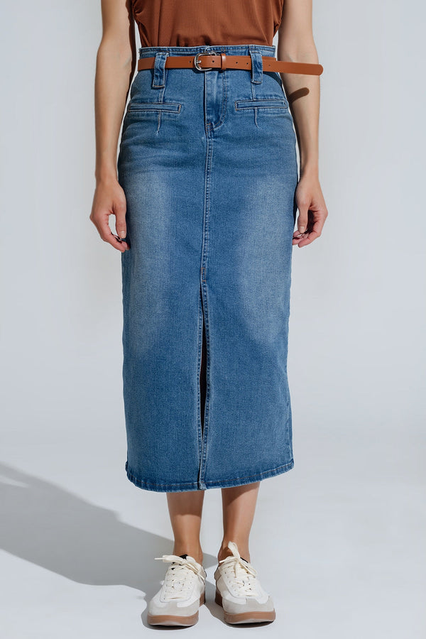 Midi Blue Denim Skirt With Front Split for Women