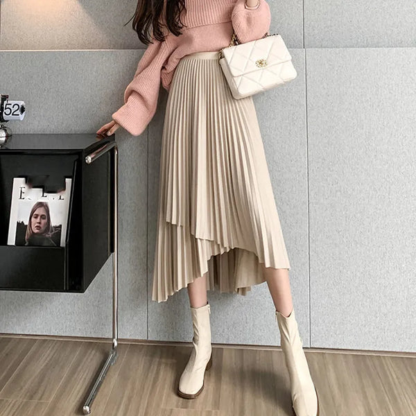 Lucyever High Waist Irregular Long  Pleated Skirt for Women