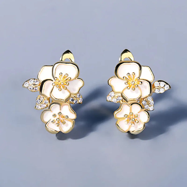 White Flower Crystal Enamel Earrings