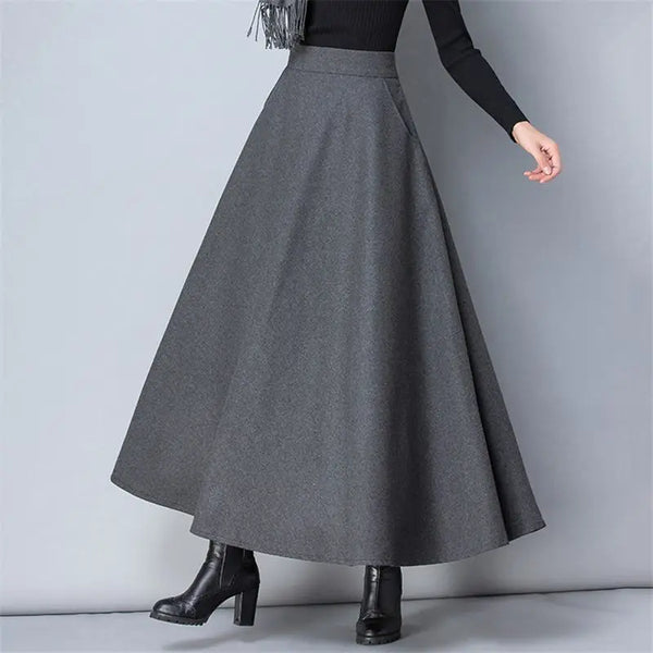 Women High Waisted Long A-Line Woolen Skirt