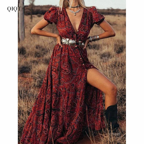 Plunge V-Neck Boho Inspired Long Dress