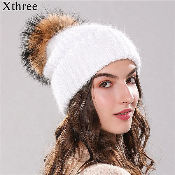 Xthree 70% Angola Rabbit Fur Knitted Hat