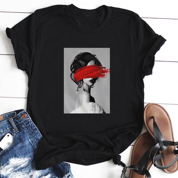 Red Paint Over Portrait Printed T-Shirt