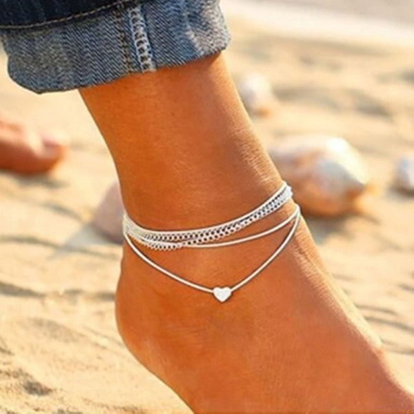 Bohemian Silver Heart Multi Chain Anklet