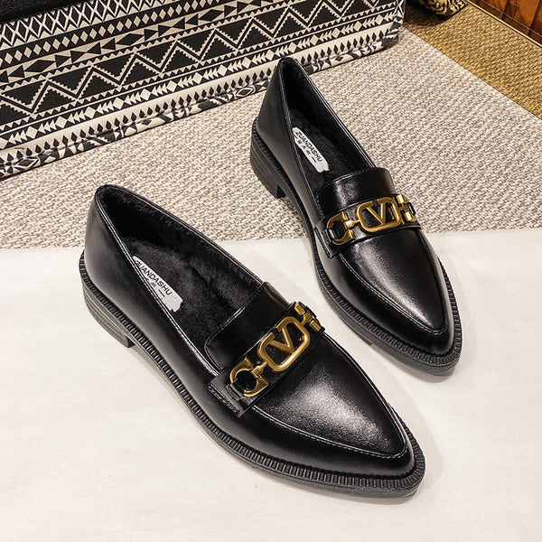Classic Pointed Toe Gold Buckle Slip On Loafers