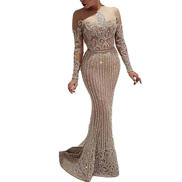 Golden Embroidered Mermaid Style Long Evening Gown With Train