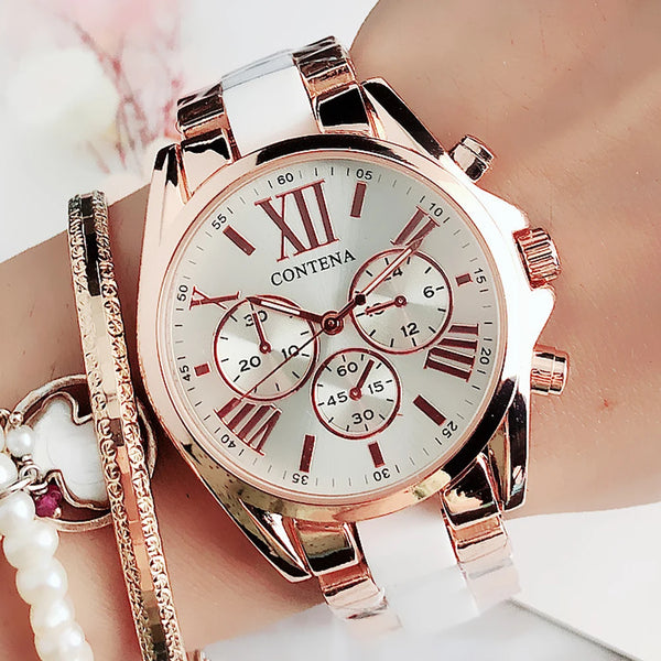 Contena White Ceramic Geneva Quartz Wrist Watch for Women