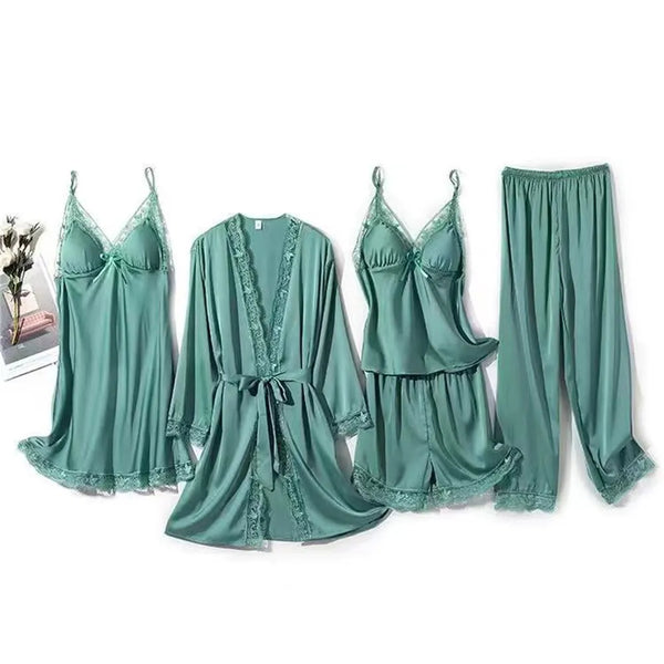 5PCS Satin Lace Pajamas Set