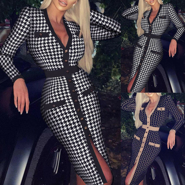 Houndstooth Belted Bodycon Long Dress