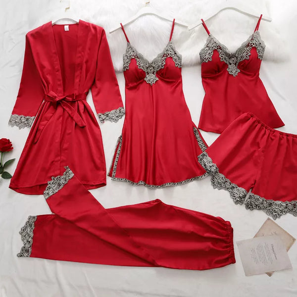 5PC Womens Lace Satin Pajamas Gown Set V-Neck Cami Nightie