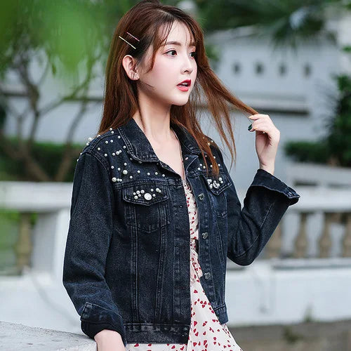 Pearl Beaded Denim Jacket for Women