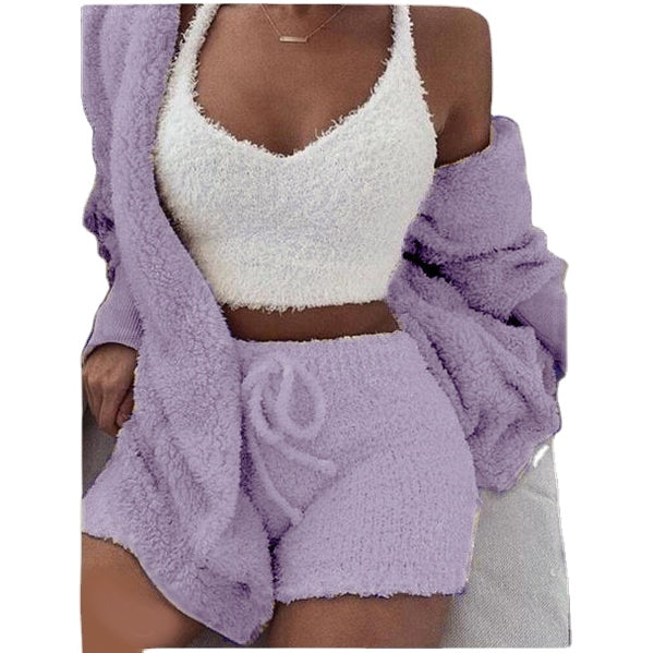 Women's Winter Solid Plush Hooded Vest Robe Shorts Pajama Set