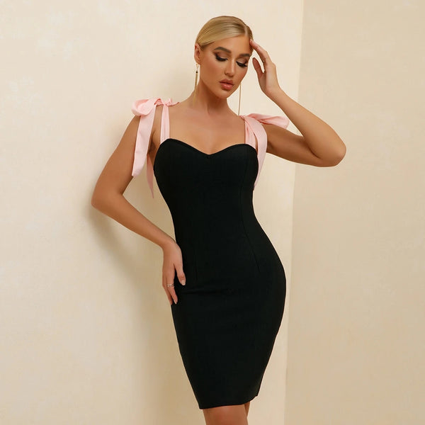 Pink Strappy Ribbon Sweetheart Neck Slim Fit Black Dress