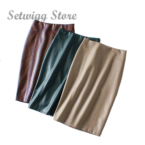 Women's Soft PU Leather Pencil Midi Skirt