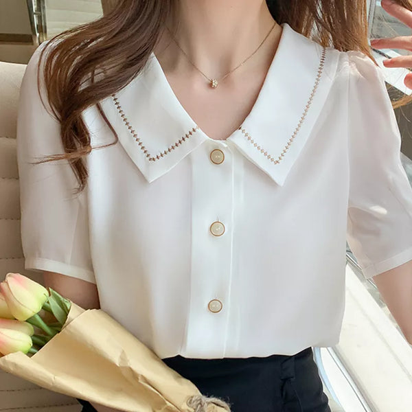 Elegant Short Sleeved Button Down Blouse for Women