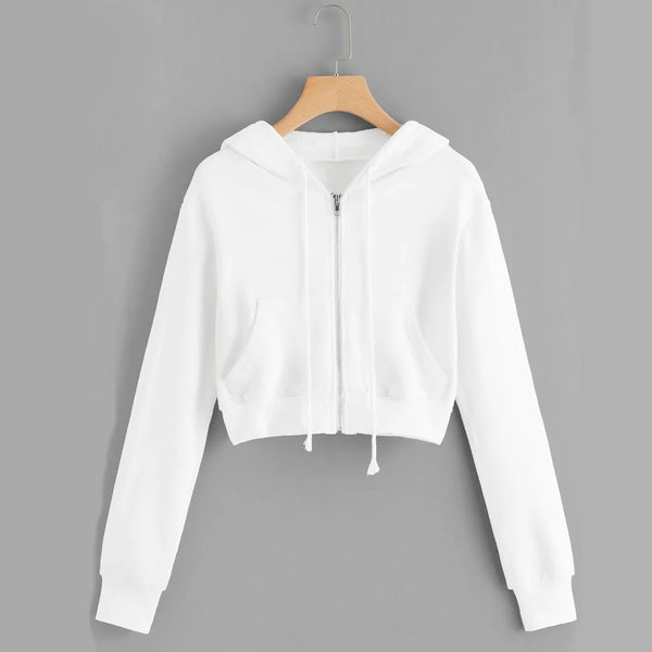 Zip Up Drawstring Long Sleeved Cropped Hoodie for Women